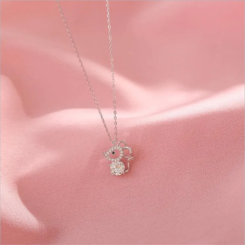New Fashion Flash Crystal Little Mouse 925 Sterling Silver Jewelry Zodiac Exquisite Popular Animal Pendant Necklaces XL168
