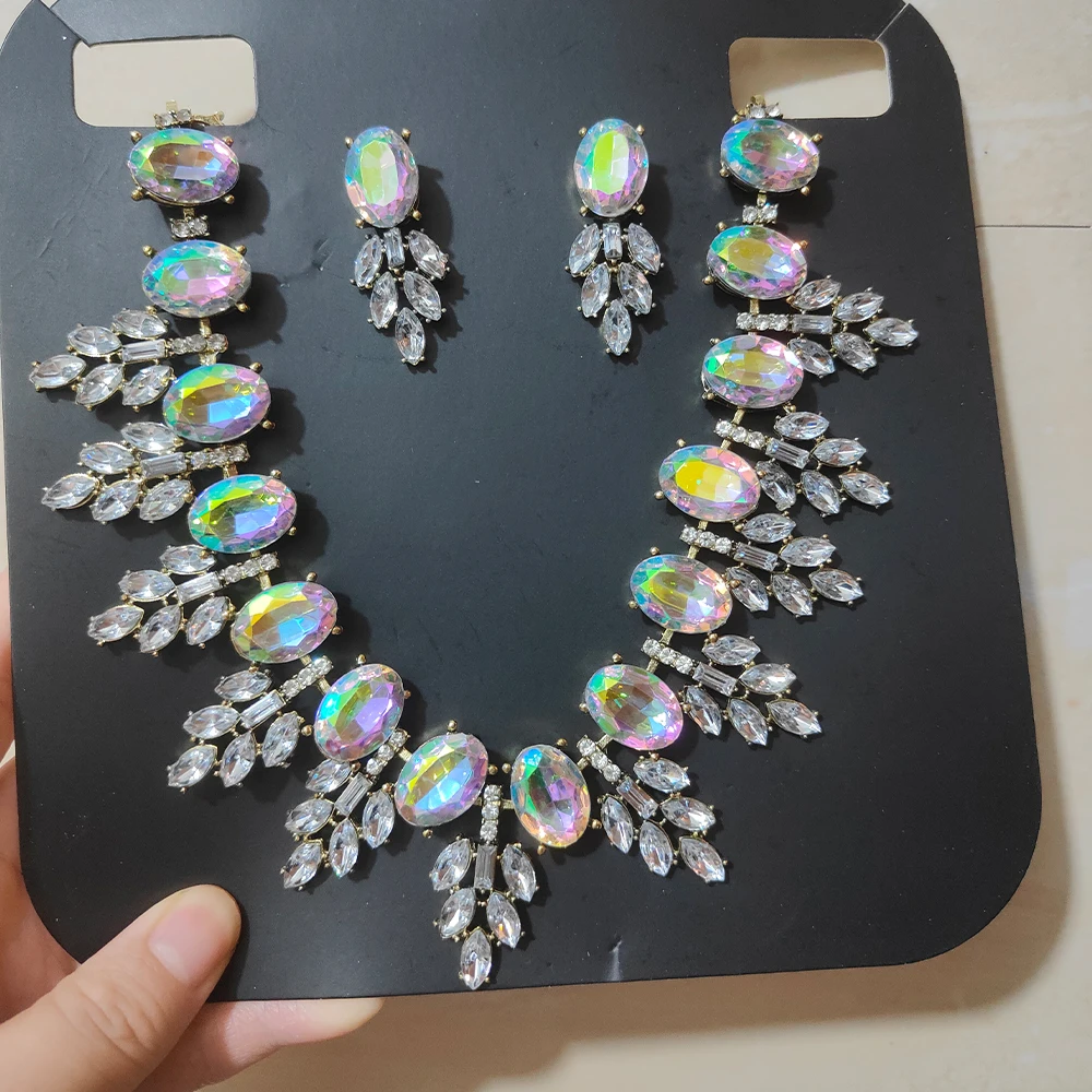 Costume Jewelry Vintage Gold Color Iridescent AB Blue Pink Crystal