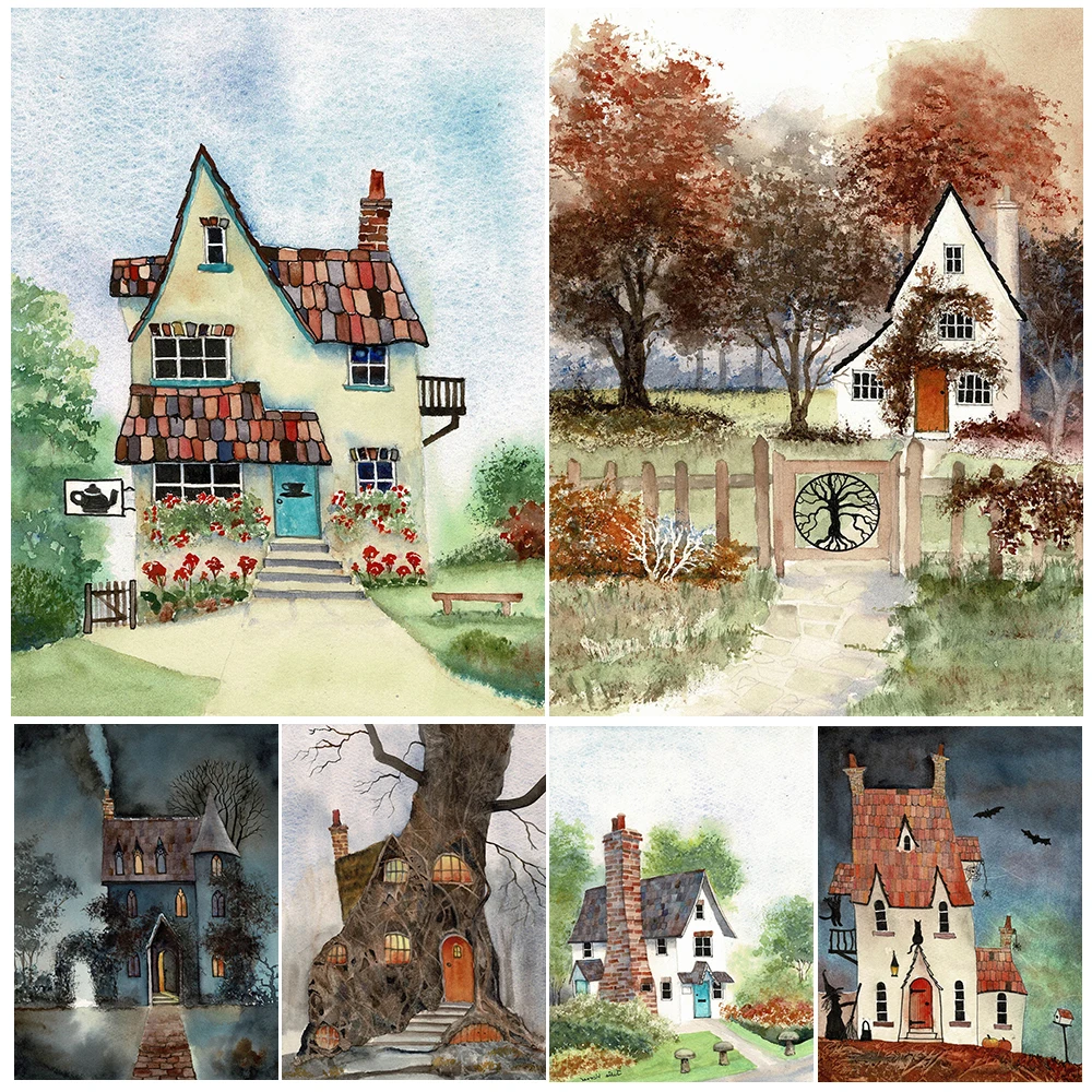 

Spooky Gothic Witch House Vintage Wall Art Canvas Print Woodland Landscape Cottage In Fall Art Poster Print Home Decor Unframed