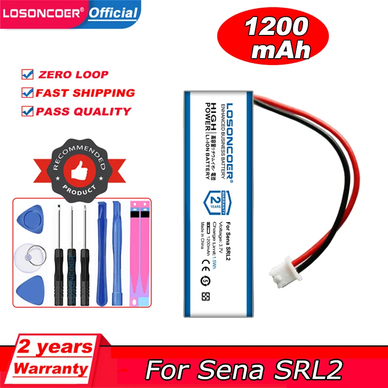 LOSONCOER 1200mAh For Sena SRL2 SRL 2 Bluetooth Headset Battery 2 Wire 3 Wire Plug 2-Pin 3-Pin