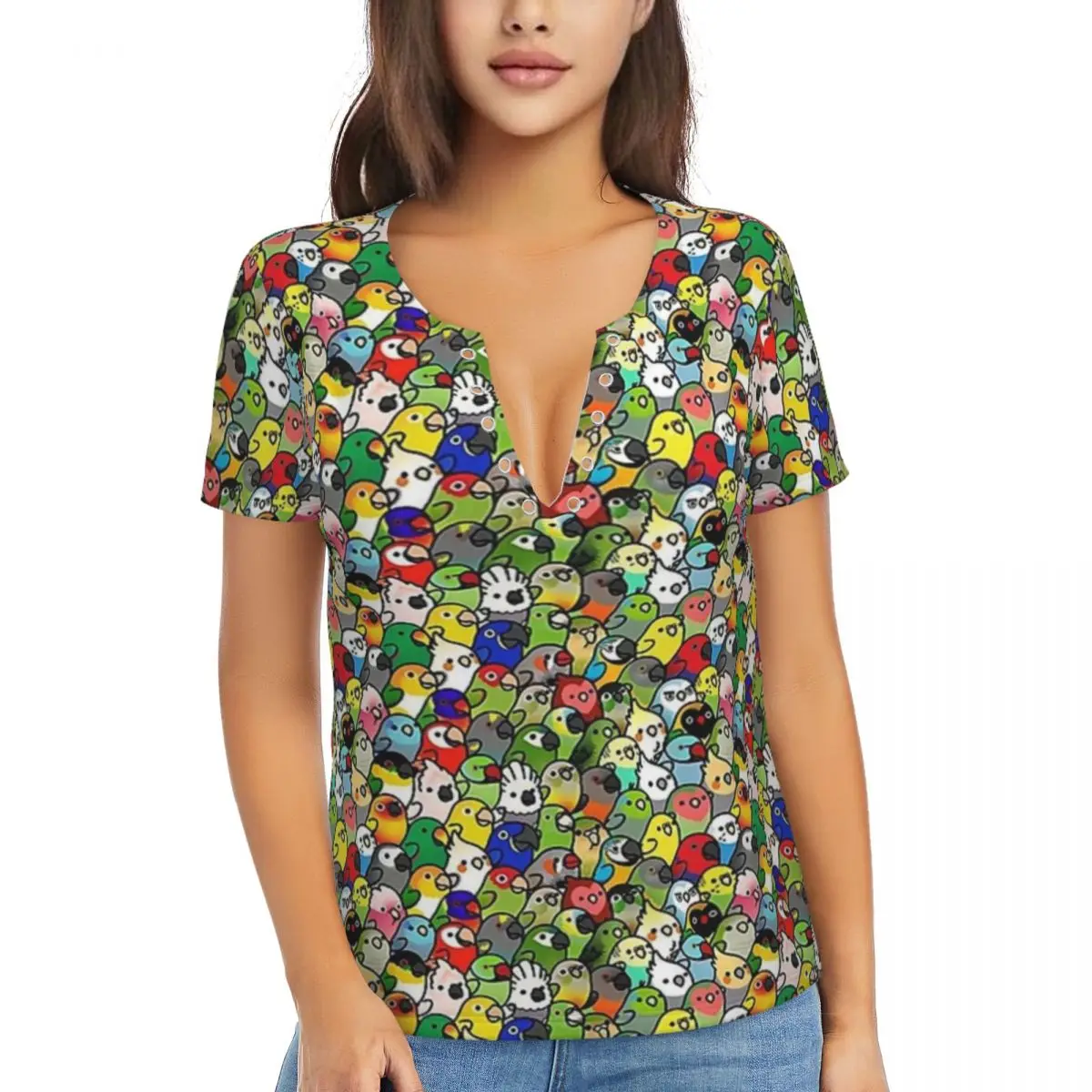 

Parrot Meme T Shirt Cute Birds Print Trendy T Shirts Sexy Deep V Neck Short Sleeves Tshirt 2024 Womens Street Fashion Top Tees