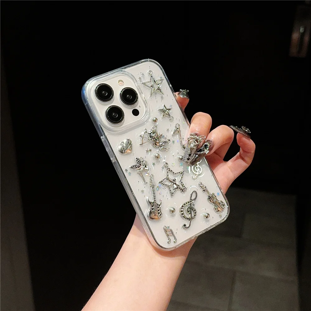 Corea Love Heart Guitar 3D Silver Bowknot Case Per Iphone 15 14 13 12 11 Pro Xs Max Mini Plus X Xr Girls Clear Cover Epossidica Shell
