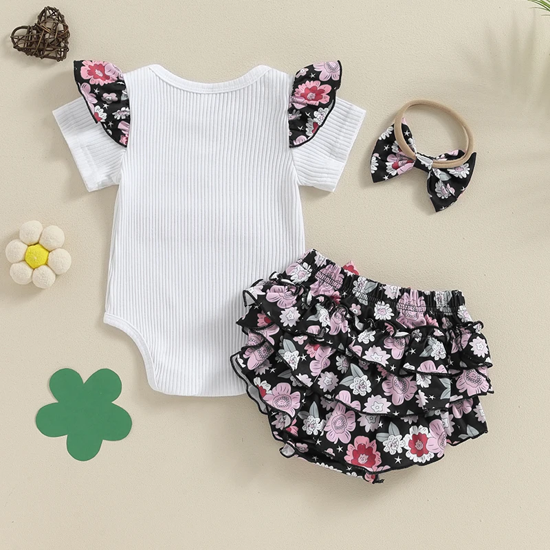 

Newborn Infant Baby Girl Summer Clothes Rib Frill Short Sleeve Romper Floral Print Shorts Headband 3Pcs Outfits Set