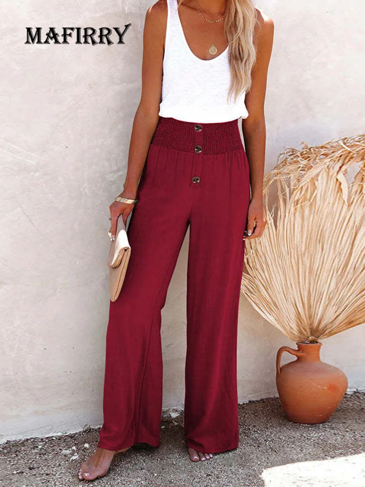 

New Femme High Waist Solid Full Length Pants Summer Casual Slim Women Wide Leg Pants Loose Patchwork Button Cotton Linen Bottoms