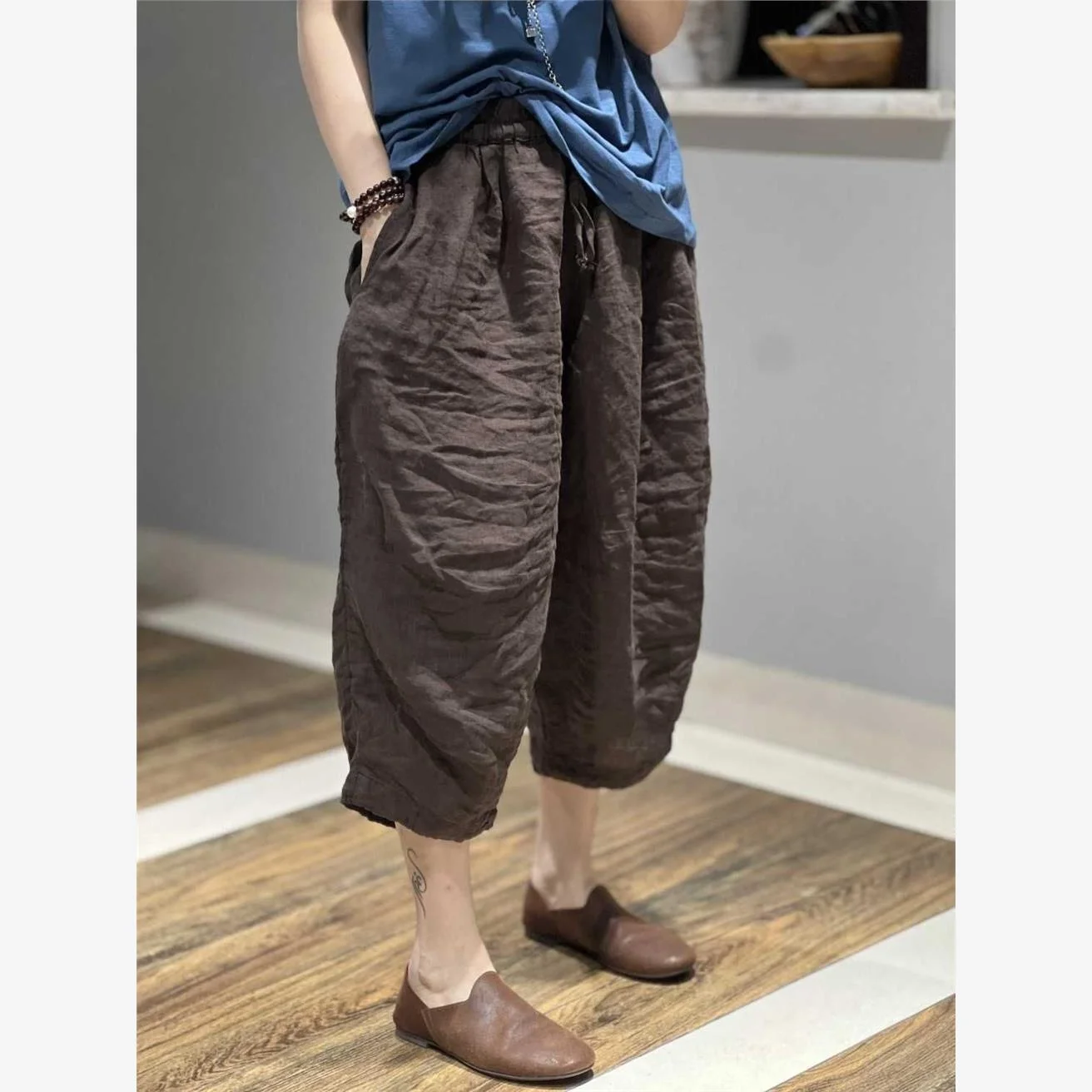 High Waist Cotton Linen Seven-Foot Pants Women Summer Large Size Loose Casual Versatile Thin Middle-Length Harlan Pants