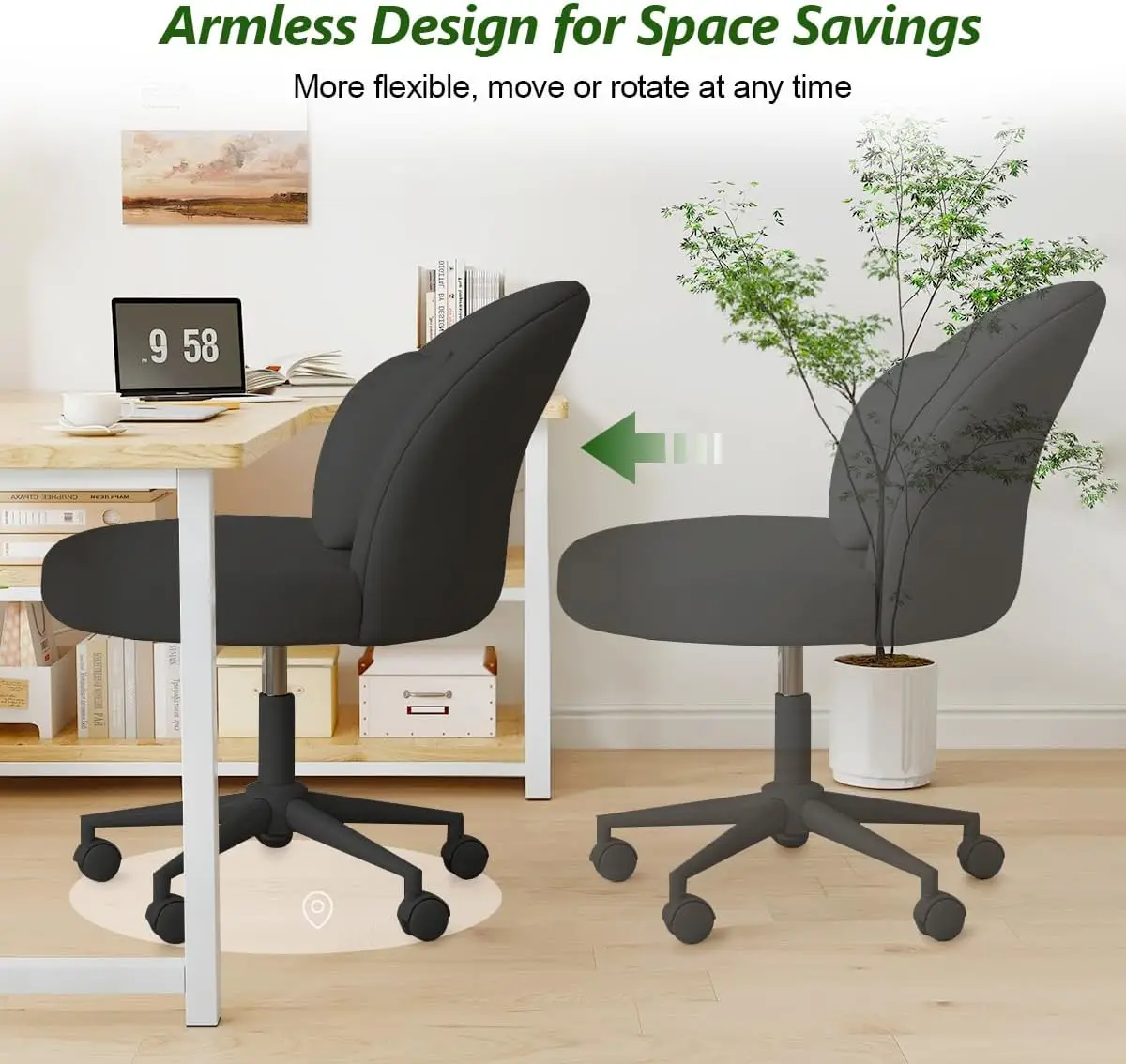 Desk Chair with Pillow, Adjustable Height Armless Office Chair Soft Upholstery Makeup Chairs Modern Accent Vanity Chair