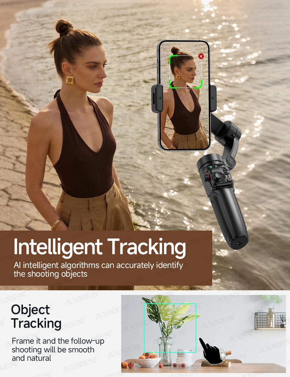 3-osiowy ręczny stabilizator gimbala z funkcją śledzenia twarzy AI, wbudowany teleskopowy pręt, smartfon, iPhone, Android, antywstrząsowy_voghion.com
