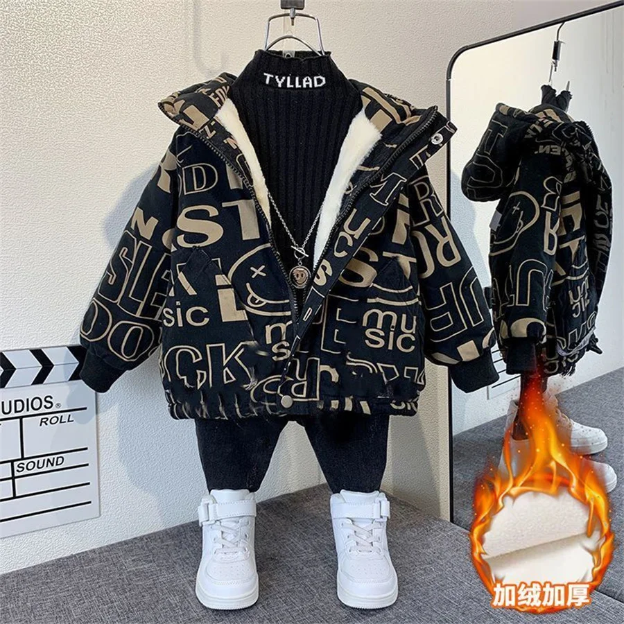 Outdoor Jacket For Boys Winter Hooded Zipper Outerwear Casual Baby Boys Velvet Thick Warm Coats Kids Clothing Fur Collar Parka