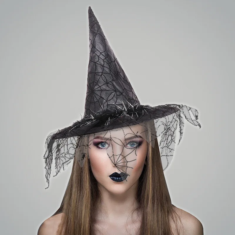 

Halloween Witch Hats with Spider Web Veil for Women Costume Party Hats Wizard Hat Magican Halloween Headdress Party Caps Favors