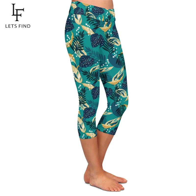 LETSFIND New Women Leaf Printed Green Leggings High Waist Fashion Elastic  Mid-Calf 3/4 Casual Leggings for Summer