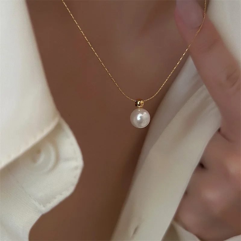316L Stainless Steel Elegant One Shiny Pearl Necklace Female Minimalist Temperament French Exquisite Wedding Jewelry No Fading 5