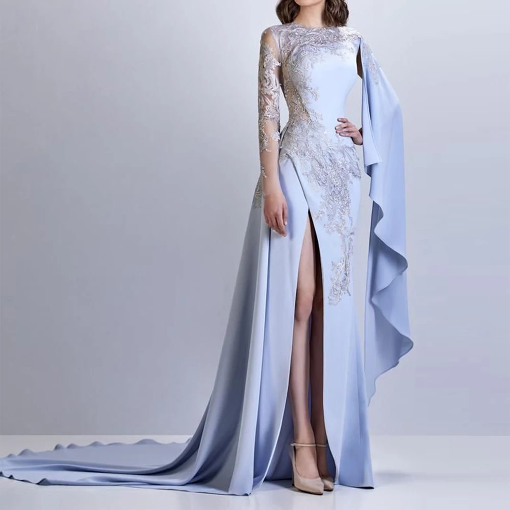 

Light Blue High Split Evening Dress Court Train Applique Embroidery Lace Satin Party Slim Prom Dresses for Women