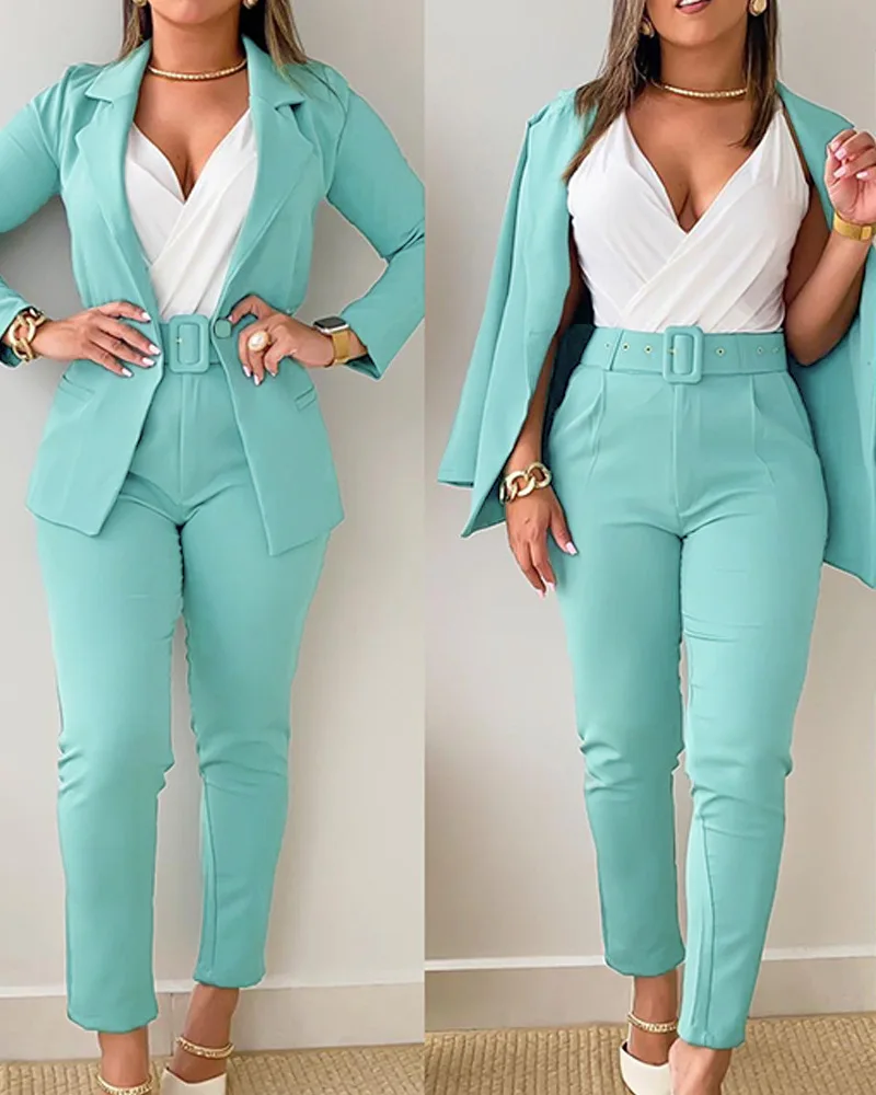 

Turn-down Collar Buttoned Blazer Coat & Belted Pants Set Solid Color Women Long Sleeve Blazers Jacket High Waist Pencil Pants