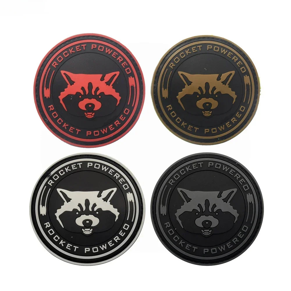 

Rocket Powered Cartoon PVC Badge Luminous Raccoon Head Back Rubber Hook and Loop Tactical Patch for Backpack Clothing Stickers
