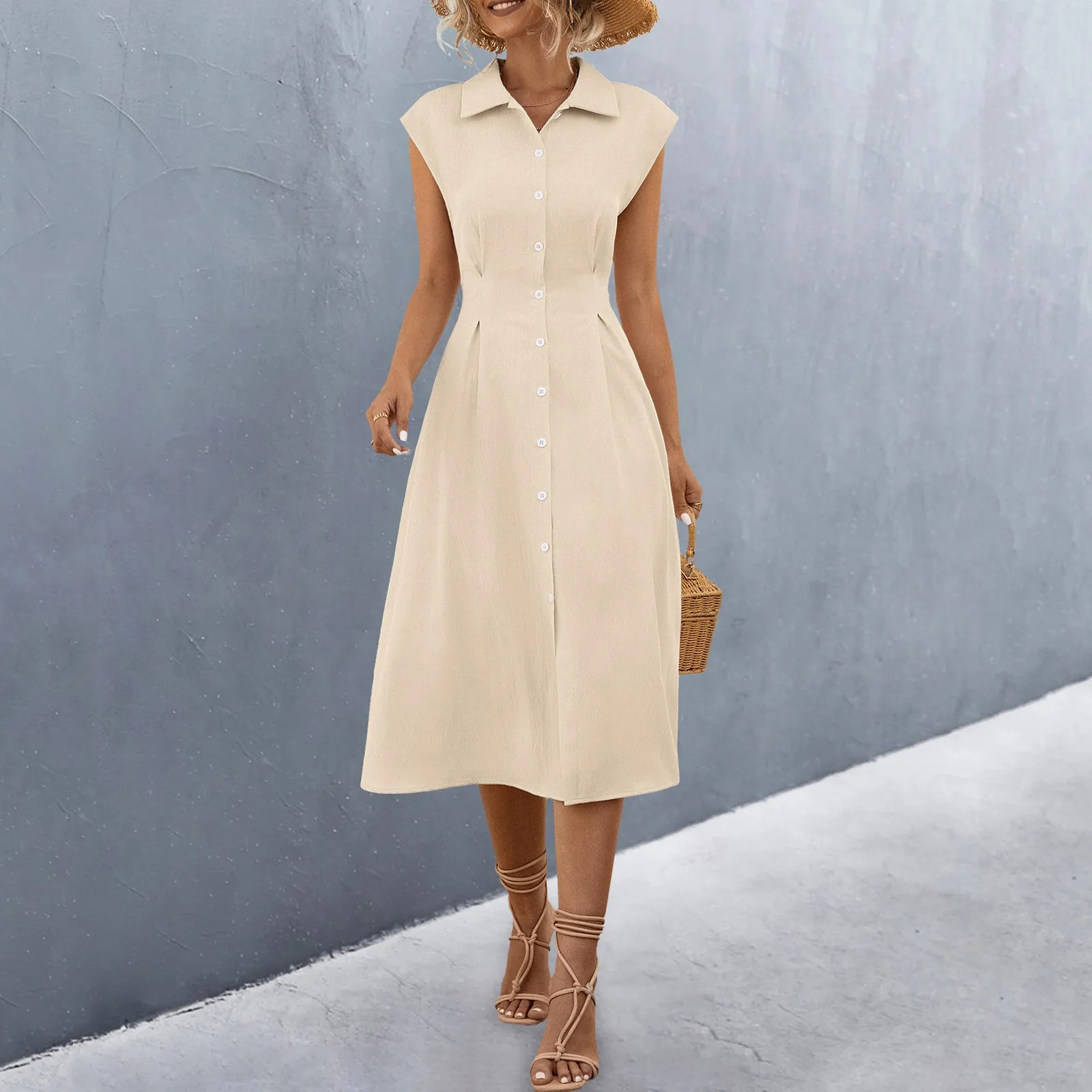

Fashion Buttons Shirt Dress Ladies Short Sleeve Waisted Vestidos Women Solid Color Lapel Elegant Casual Robe A Line Dress