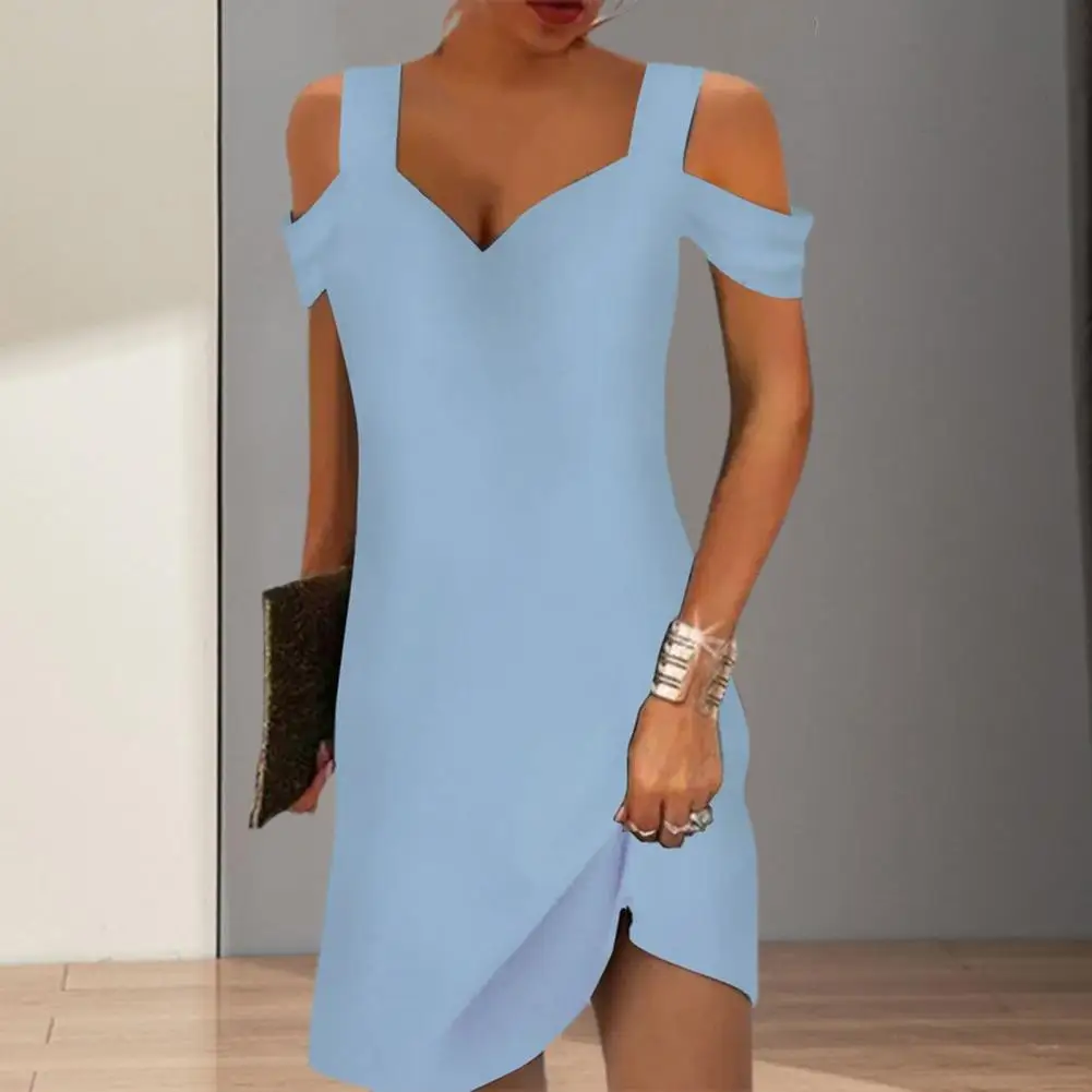 

Стильное праздничное платье с V-образным вырезом, летнее платье выше колена, однотонное платье мини с открытыми плечами