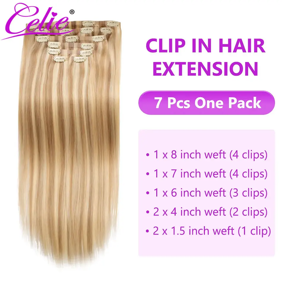 Celie Blonde Highlight P16/613 Clip In Hair Extensions Straight Real Human Hair Seamless Blend 7pcs/pack