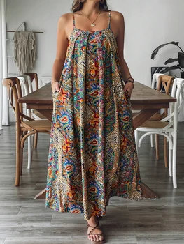 Plus Size Women Maxi Dress Spaghetti Strap Paisley Print Loose Fit Casual Dresses Spring Summer Boho Vacation Date Dress 1