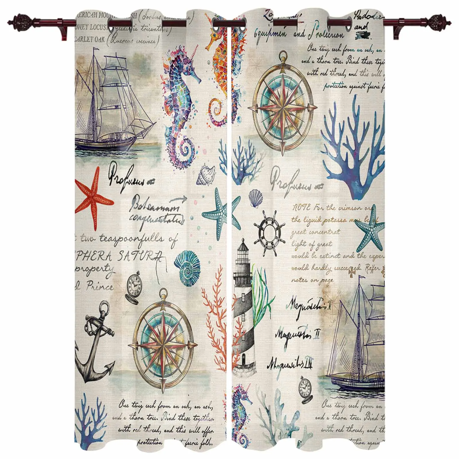 

Ocean Plant Coral Sailboat Anchor Window Curtains for Living Room Luxury Bedroom Curtain Kitchen Blinds Drapes Curtains