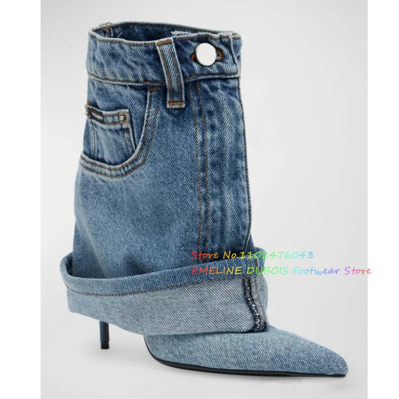 

Blue Denim Sexy Cowboy Boots Women Stiletto Heel Pointed Toe Pants Ankle Booties Winter Zipper New in Button Short Boots