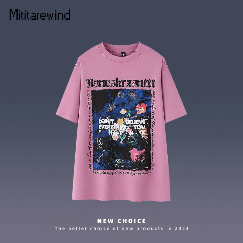 

Hip Hop Streetwear Retro Floral Graphic T Shirts Men Women Summer Half Sleeve Oversized T Shirt Casual Cotton Tops Tees Pink