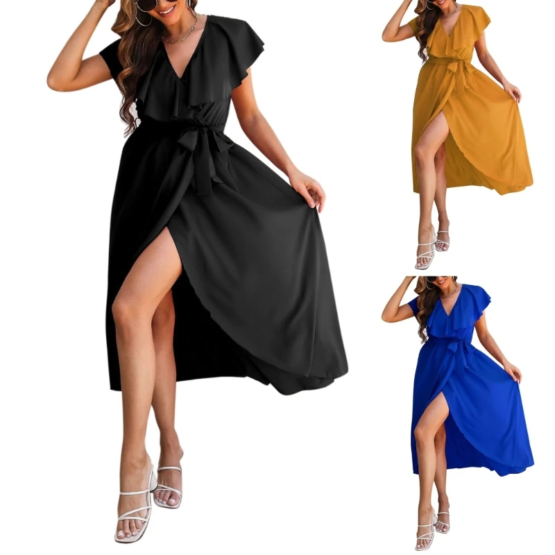 

Women V Neck Ruffle Sleeve High Split Casual Wrap Dress with Belt Bridesmaid Cocktail Party Dresses