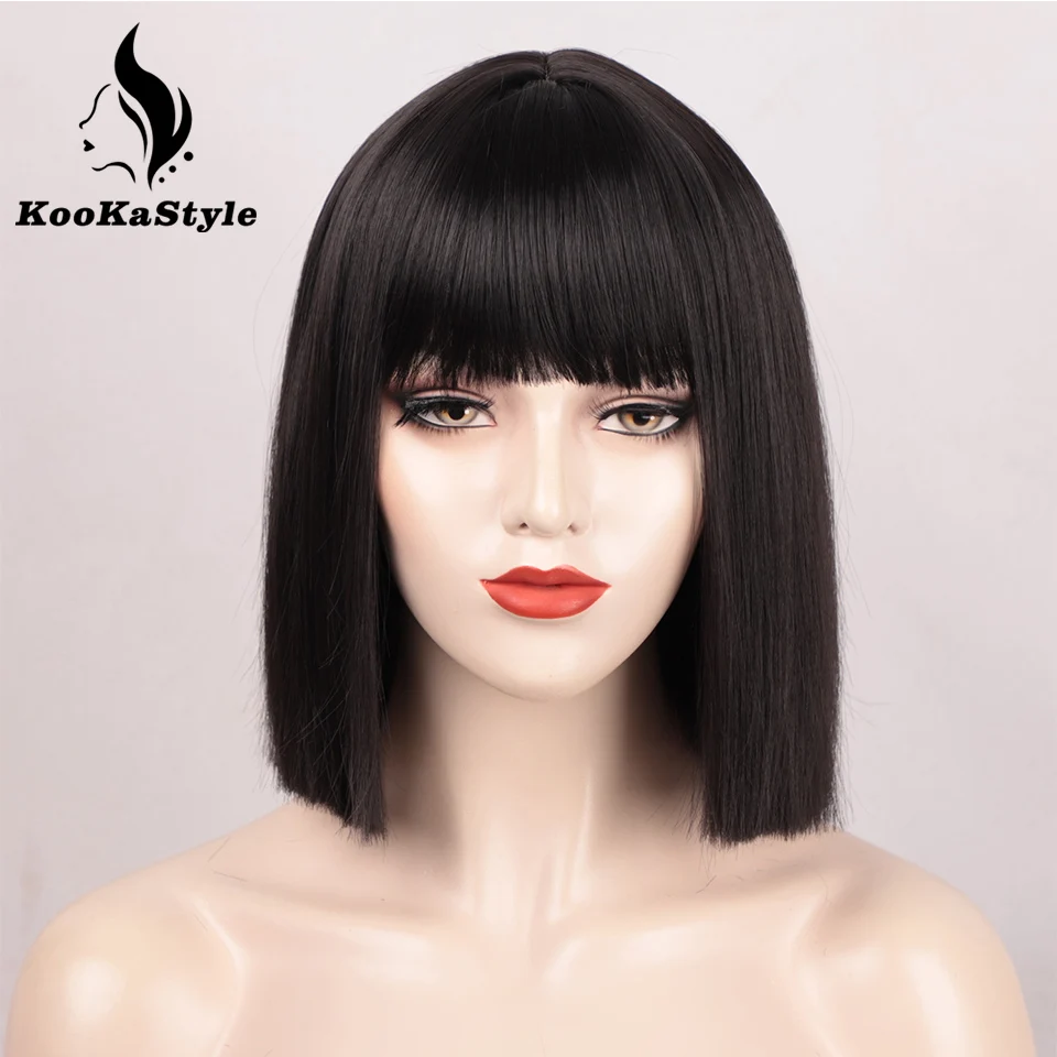 KookaStyle Synthetic Wigs Short Bob Wigs with Bangs for Women Black Straight Wigs Pink Cosplay Wigs Shoulder Length Bangs Hair