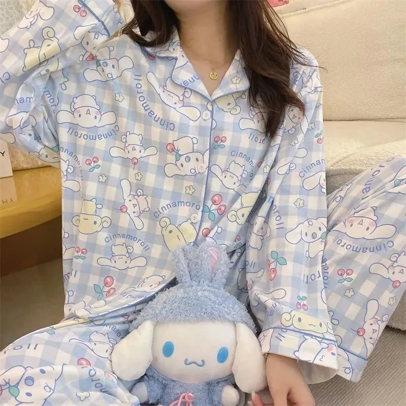 Anime Sanrio Pajamas Kuromi Pompompurin Cinnamoroll Oversize Cartoon Long-sleeved Women Loose Casual Homewear Set Loungewear