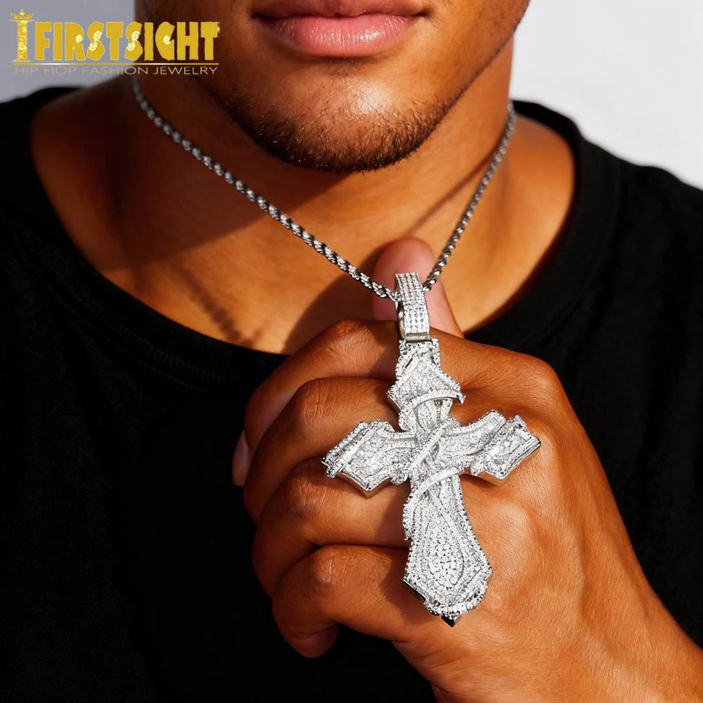 2025 New Iced Out Barbed Wire Wrapped Cross Pendant Necklace