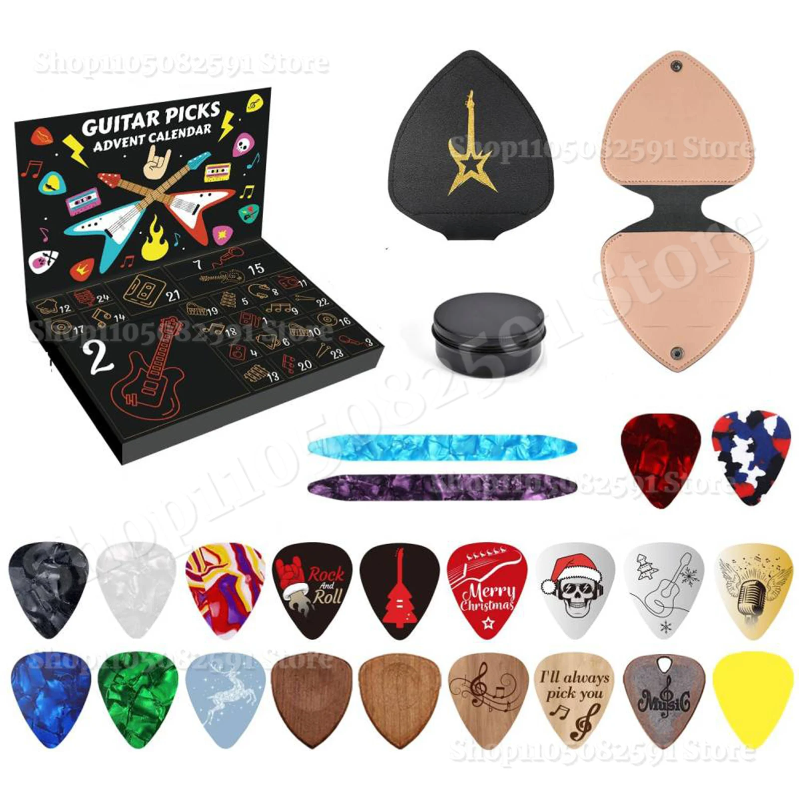 2025 Guitar Picks Advent Calendar-20 Guitar Picks & 2 Oud Picks with Pick Holder Christmas Gift for Guitar Bass Ukulele Players