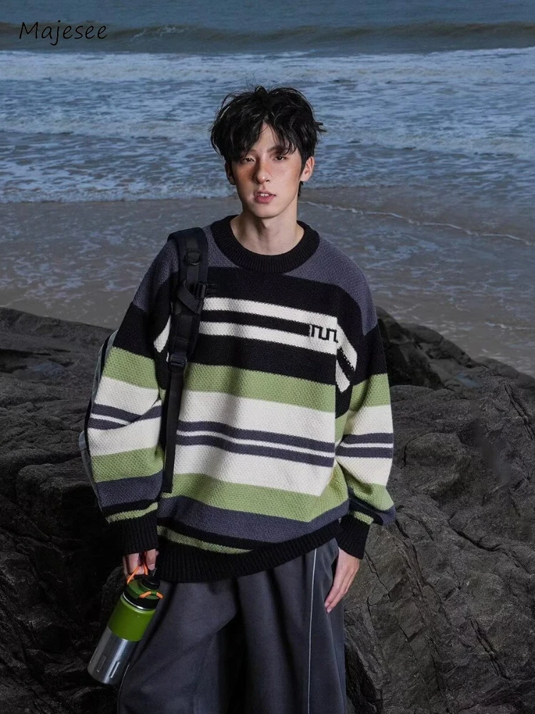 Striped Sweaters Men Contrast Color Youthful Popular Chic All-match Korean Style Knitwear Fashion Teenagers Autumn Winter Daily