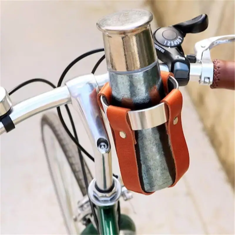 Fiets Drinkhouder Met Leren Hoes - Stijlvolle Koffiebekerhouder Voor Stadsfiets, MTB En Elektrische Step