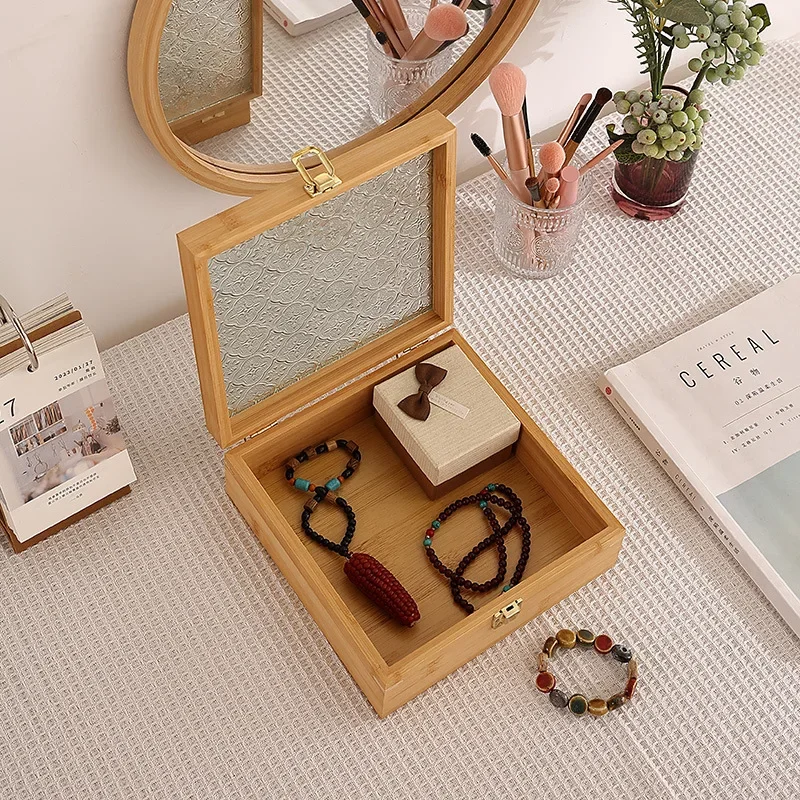 Begonia Flower Glass Desktop Storage Solid Wood Box Household Rectangular Covered Jewelry Certificate Necklace Storage Box 3