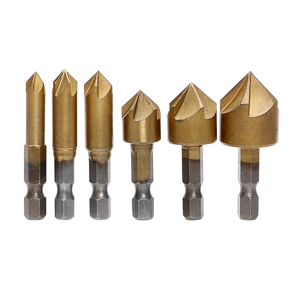

DIYWORK Chamfer Countersink Drill Bit Wood Chamfering Cutter Chamfer 5 Flute 6PCS 90 Degree HSS 6mm-19mm Durable