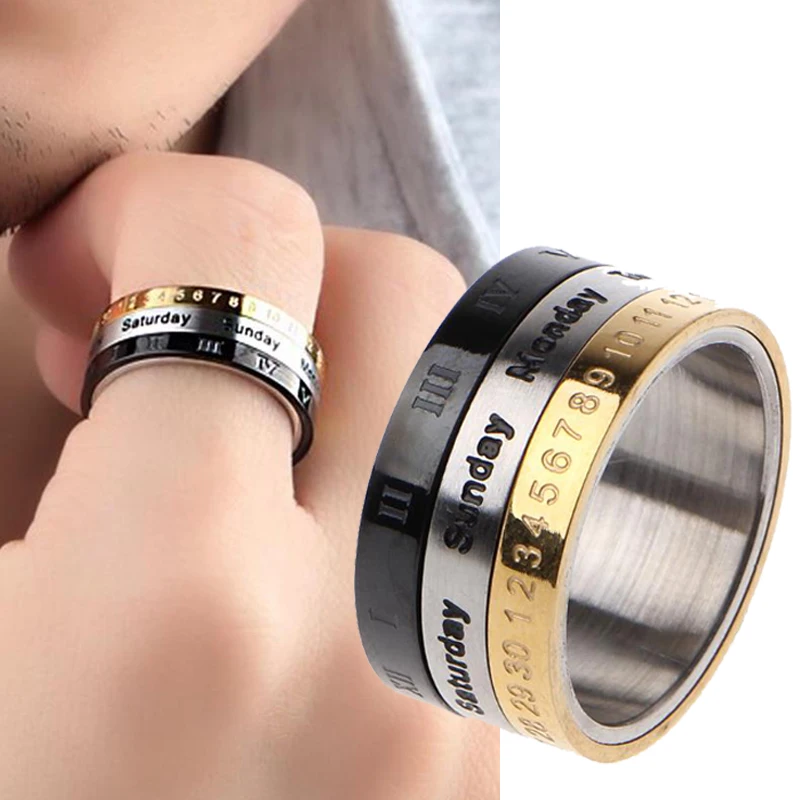 Finger Ring Titanium Steel Cool Punk Spinner Male Date Time Calendar Creative Rotatable 3 Part Roman Numerals Anxiety Fidget Rings