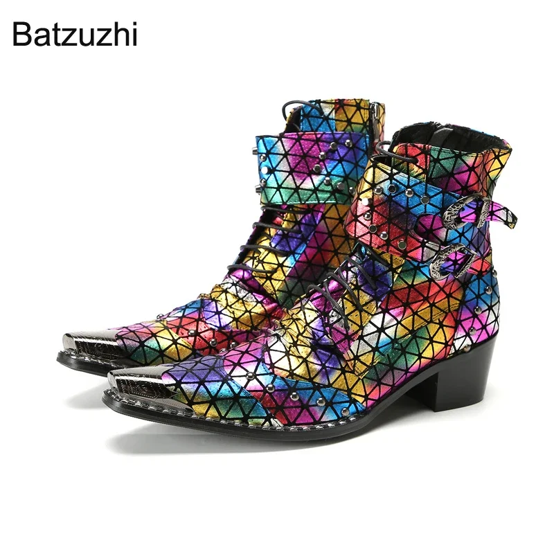 

Batzuzhi Punk Genuine Leather Boots Men 6.5cm Heels Iron Toe Lace-up Short Ankle Men's Boots Buckles Zip Motorcycle Botas, 38-47