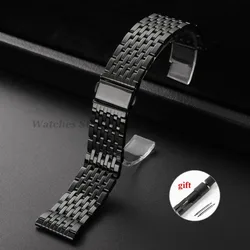 Elegant Stainless Steel Watch Band with Folding Buckle and Polished Nine Pearls Design - 22mm (Black)