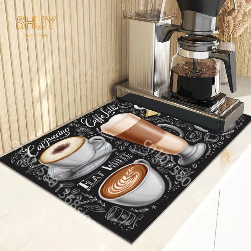 

Coffe Bean Drink Print Dish Drainer Drainage Mat Tableware Placemat Easy To Clean Quick Dry Soft Drain Pad Kitchen Draining Tool