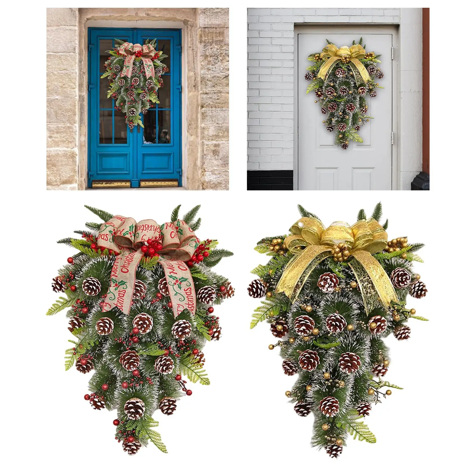 Winter Christmas Teardrop Swag Hanging Pendant with Bowknot Garland Door Wreath