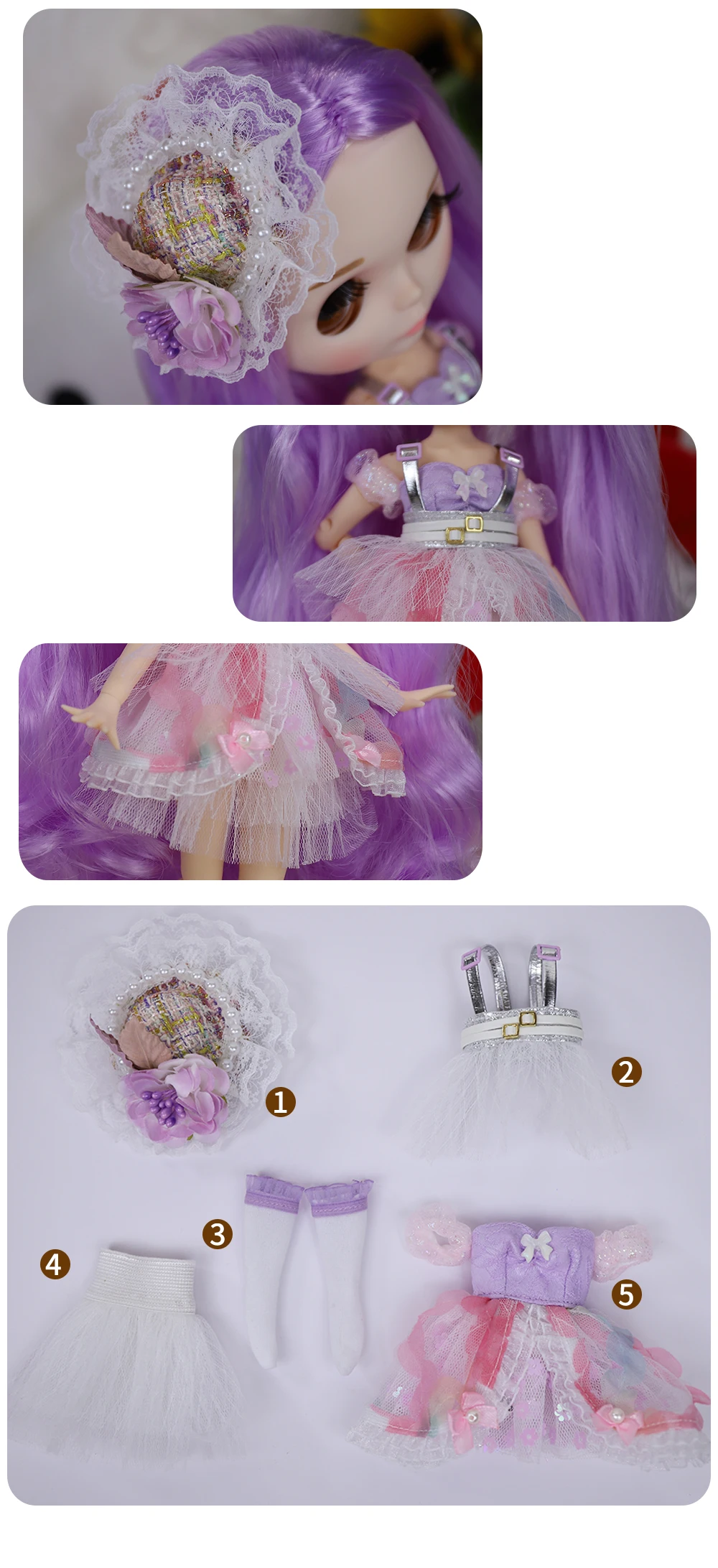 Neo Blythe Doll Floral Net Lace Dress with Socks & Hair Pin 2