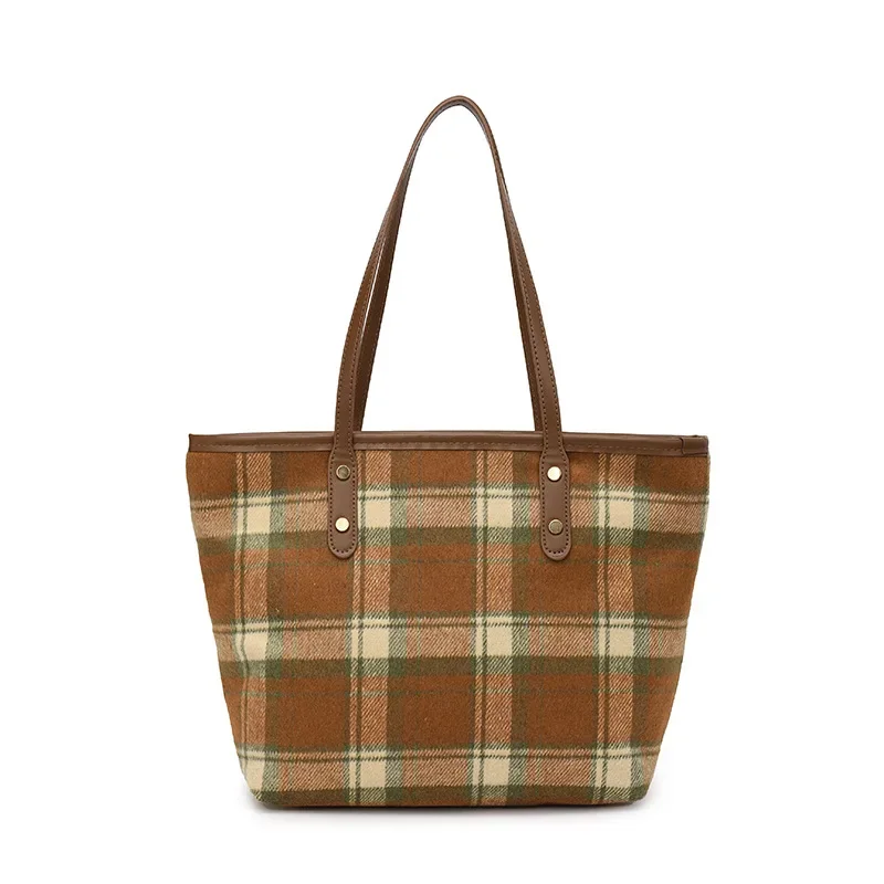 Retro Woolen Plaid Shoulder Bag for Women's New Winter Female Shoulder Bag with Large Capacity for Commuting Tote Shoulder Bag