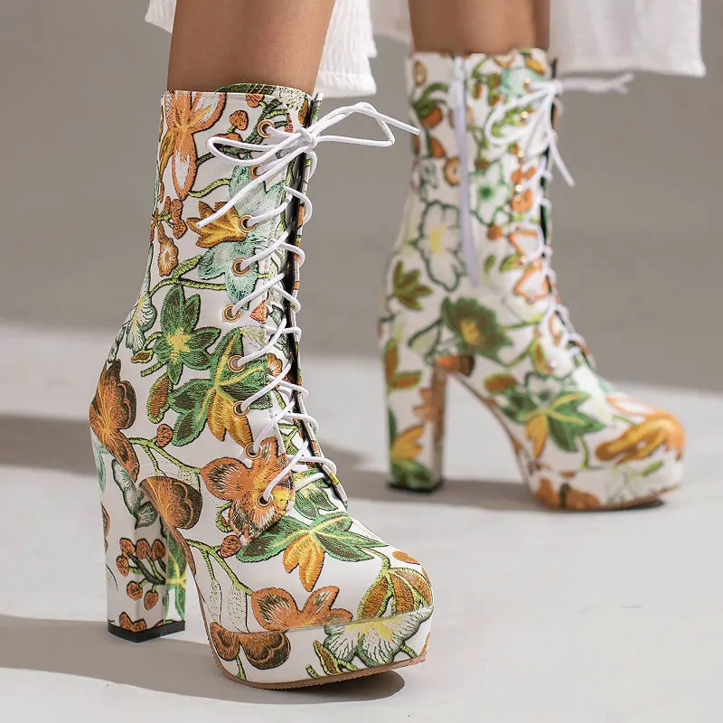 

Size 48 Flower Print Bohemian Mature Elegant Ladies Winter Pumps Lace-up Platform High Heels Warm Fur Lined Mid-calf Women Boots