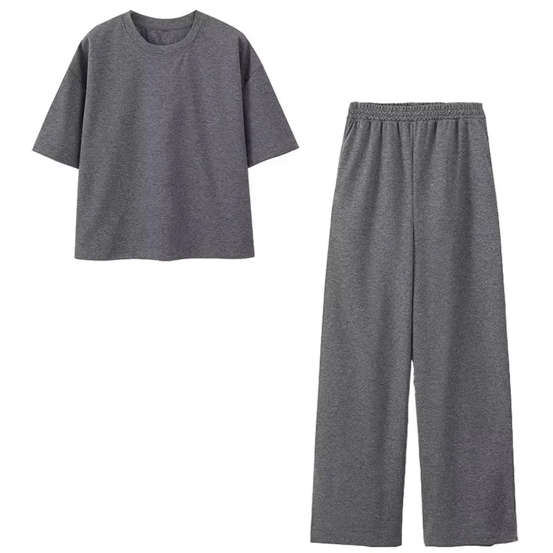 HH Women Fashion Basics Solid shirt Pant Sets Short Sleeve O Neck T-Shirts Elastic Waist Side Hem Zipper Trousers Suit