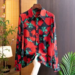 YCMYUNYAN-Silk Printing Blouses for Women, Long Sleeves, Floral Shirts, Korean Loose, Turn-Down Collar, New Casual Top, Summer