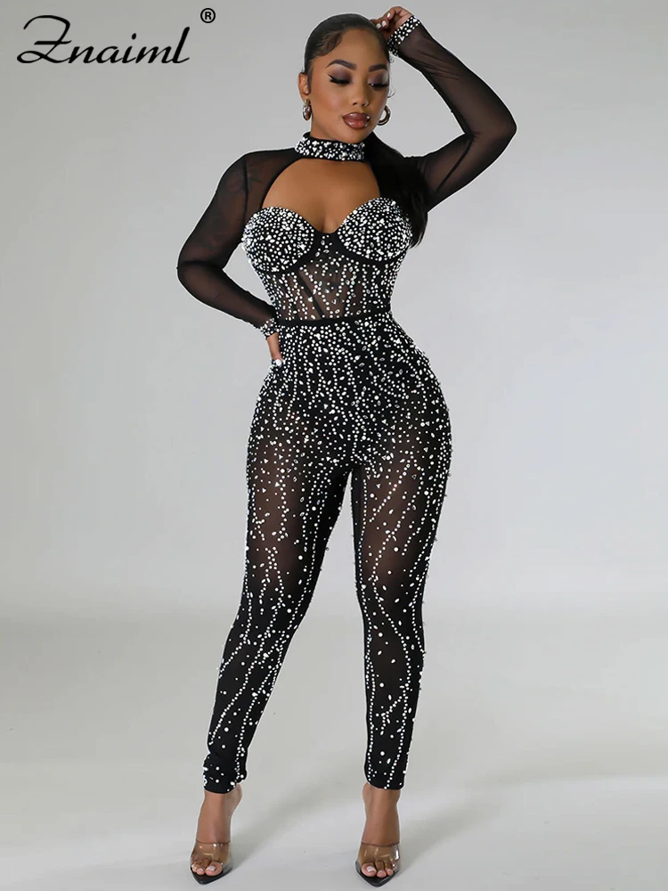 

Znaiml Sparkly Diamonds Pearls Rhinestone Romper for Women Jumpsuits Mesh See Through Skinny Birthday Party One Piece Overalls