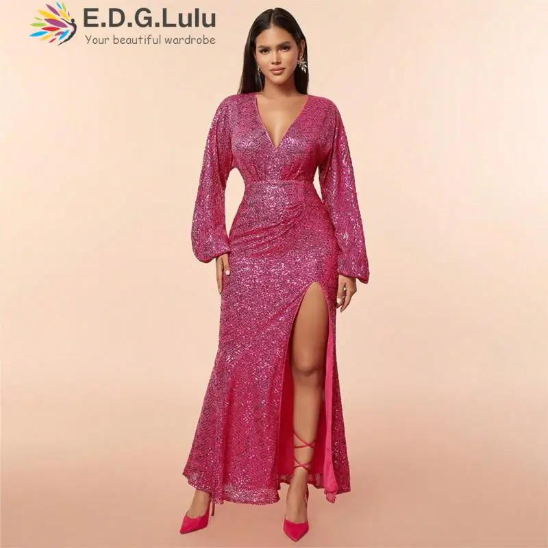 

EDGLuLu Autumn Women Deep V-Neck Lantern Sleeves Pink Sequin Dress Ladies Elegant Evening Party High Slit Maxi Dress 1228