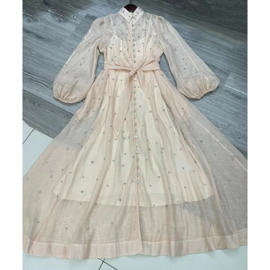 Elegant Long Dress British Style Fashion Beading Single Breasted Design Gentle Temperament Dresses Women 2025 Spring Autumn
