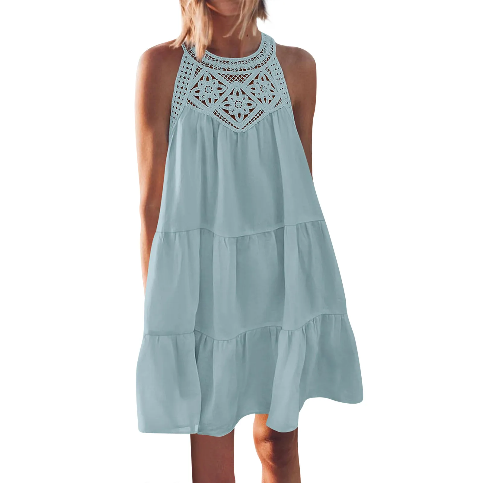 

Women Summer Mini Dress Cutout Round Neck Sleeveless Sundress Vacation Hollowed A-line Dress Beach Club Streetwear