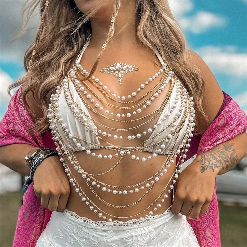 Frauen Festival Crop Top Schmuck Mehrschichtige Quaste Perle Minimalistische Körperkette Sexy PartyWear Strand Outfits Clubwear Tank Tops – Detail 1