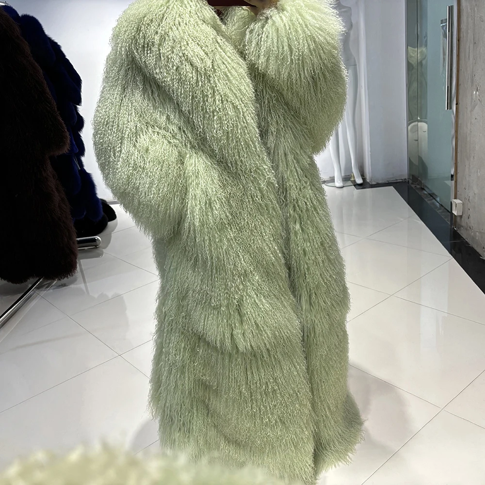 YOLOAgain 135-140cm Floor Length Mongolia Sheep Fur Coat Women Winter Warm Party Long Fur Coat Ladies Overcoat
